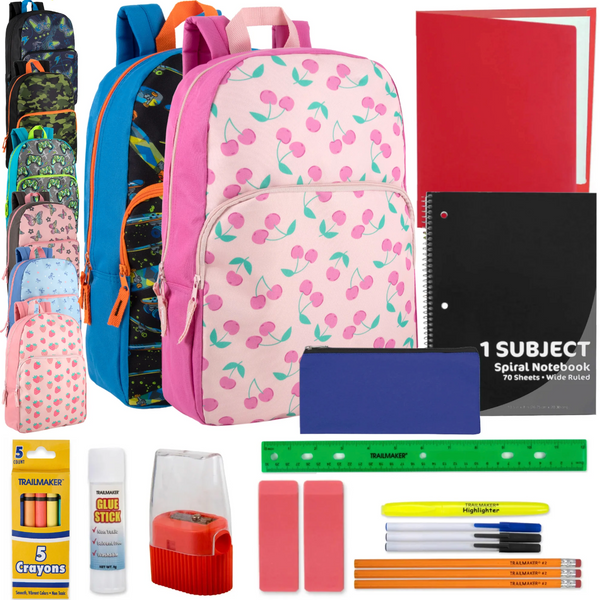 17 Inch Printed Backpack with 20-Piece School Supply Kit (24/Case)