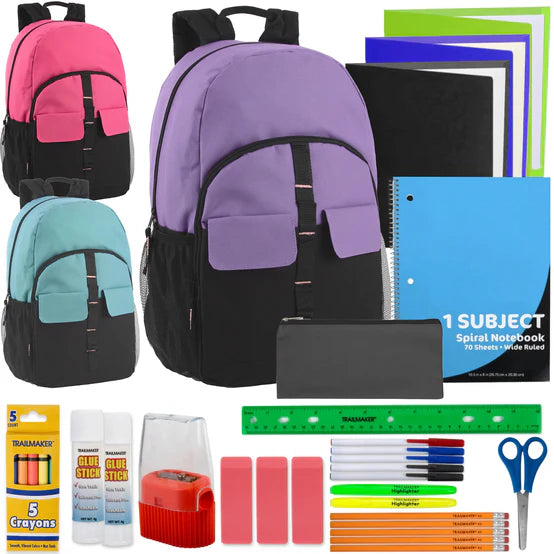 18 Inch Multi-Pocket Backpack & 30 Piece School Supply Kit Combo (12/Case)