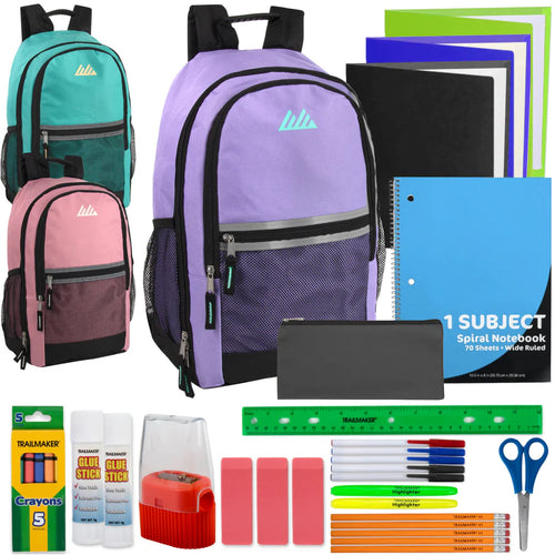 18 Inch Multi-Pocket Backpack & 30 Piece School Supply Kit Combo (12/Case)