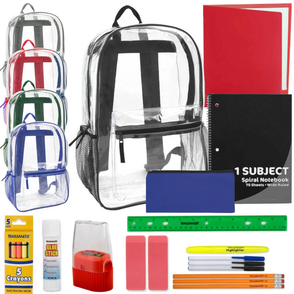 17 Inch Clear Backpack with 20-Piece School Supply Kit (24/Case)