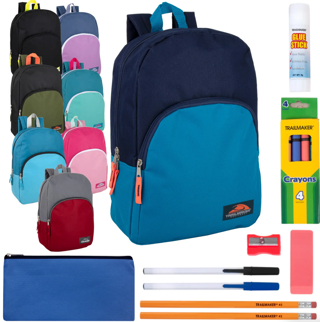 15 Inch Backpack & 12 Piece School Supply Kit Combo (24/Case)