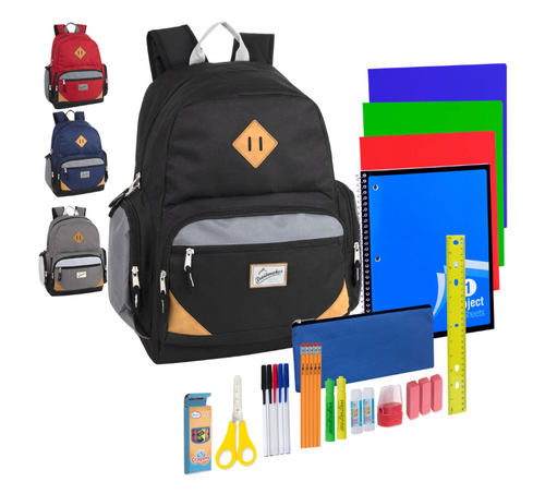 19 Inch Multi-Pocket Backpack with 30-Piece School Supply Kit (12/Case)