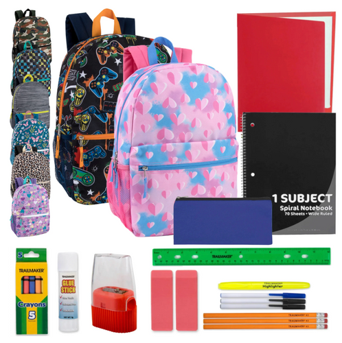 17 Inch Printed Backpack with 20-Piece School Supply Kit (24/Case)