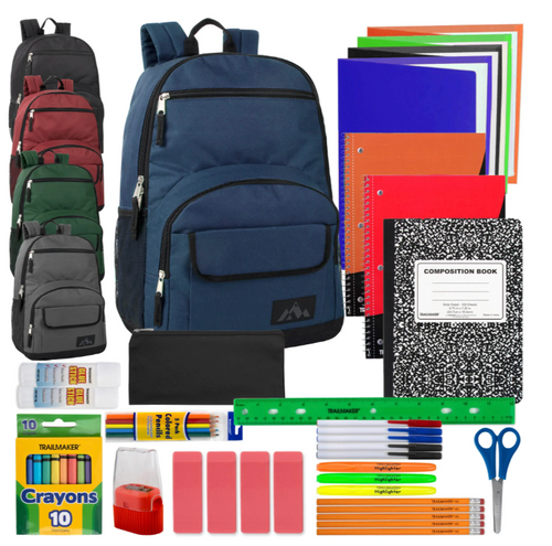 18 Inch Multi-Pocket Backpack with 45-Piece School Supply Kit (12/Case)