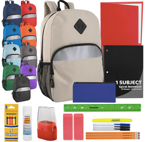 17 Inch Backpack & 20 Piece School Supply Kit Combo (24/Case)