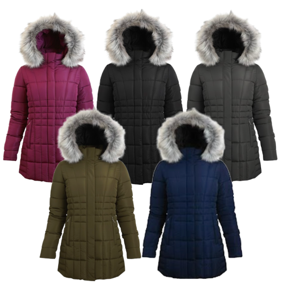 Womens Quilted Puffer Jacket with Fur Hood (12/Case)