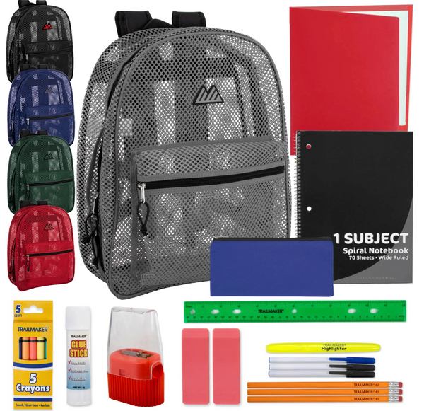 17 Inch Mesh Backpack with 20-Piece School Supply Kit (24/Case)