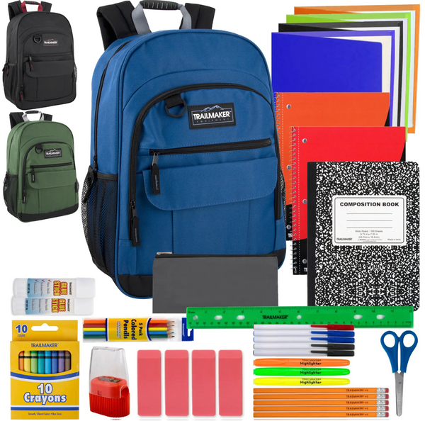 18 Inch Dual Pocket Backpack with 45-Piece School Supply Kit (12/Case)