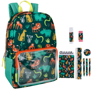 17 Inch Jungle Backpack & 9 Piece School Supply Kit Combo ($12.00/Ea-24/Case)